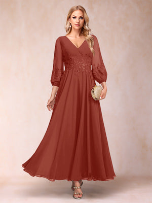 A-Line/Princess Ankle-Length 3/4 Sleeves V-Neck Mother of the Bride Dresses