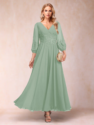 A-Line/Princess Ankle-Length 3/4 Sleeves V-Neck Mother of the Bride Dresses