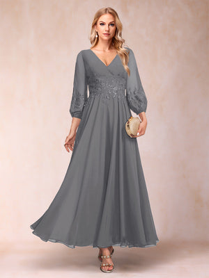 A-Line/Princess Ankle-Length 3/4 Sleeves V-Neck Mother of the Bride Dresses