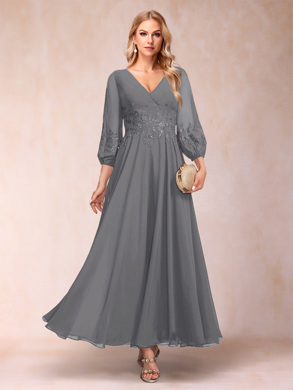 A-Line/Princess Ankle-Length 3/4 Sleeves V-Neck Mother of the Bride Dresses
