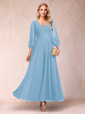 A-Line/Princess Ankle-Length 3/4 Sleeves V-Neck Mother of the Bride Dresses