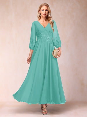 A-Line/Princess Ankle-Length 3/4 Sleeves V-Neck Mother of the Bride Dresses
