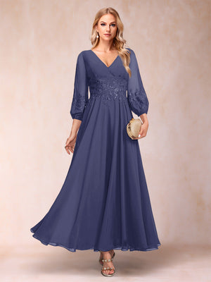A-Line/Princess Ankle-Length 3/4 Sleeves V-Neck Mother of the Bride Dresses