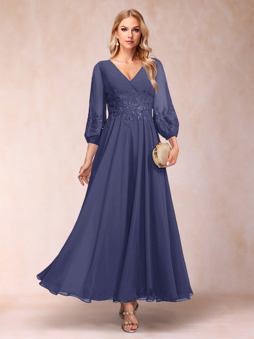 A-Line/Princess Ankle-Length 3/4 Sleeves V-Neck Mother of the Bride Dresses