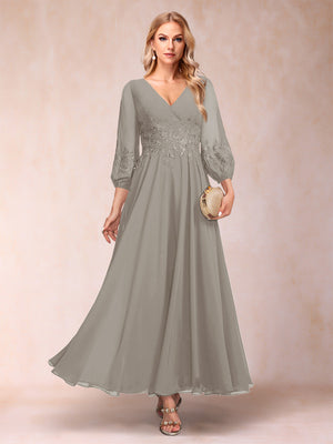 A-Line/Princess Ankle-Length 3/4 Sleeves V-Neck Mother of the Bride Dresses