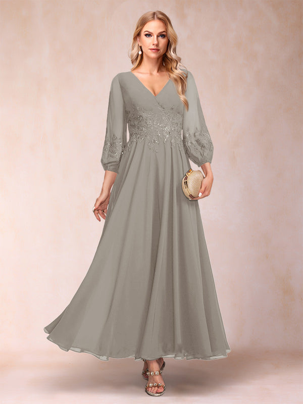 A-Line/Princess Ankle-Length 3/4 Sleeves V-Neck Mother of the Bride Dresses