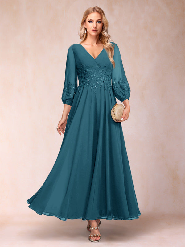 A-Line/Princess Ankle-Length 3/4 Sleeves V-Neck Mother of the Bride Dresses