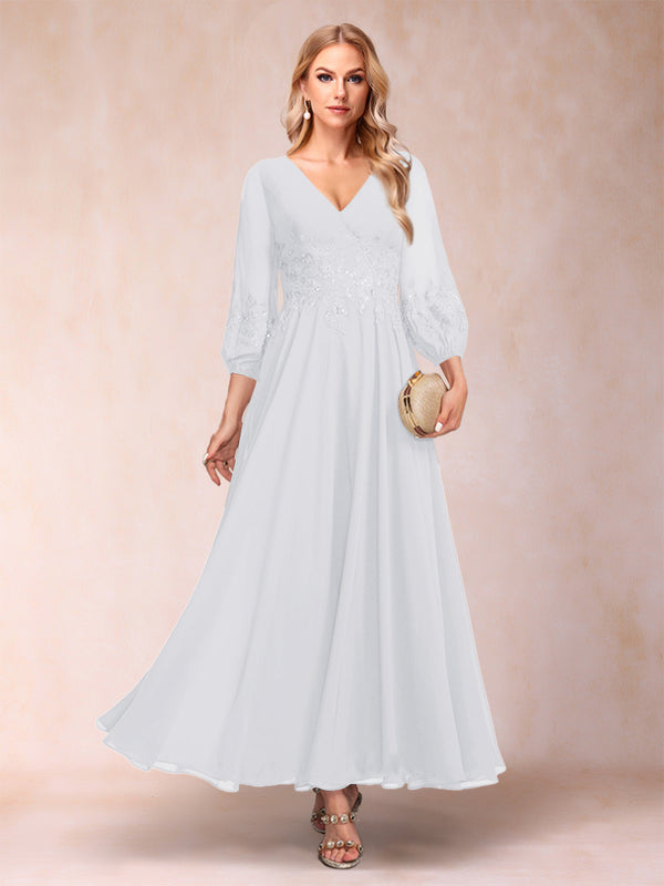 A-Line/Princess Ankle-Length 3/4 Sleeves V-Neck Mother of the Bride Dresses