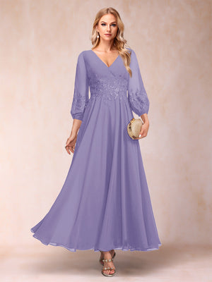 A-Line/Princess Ankle-Length 3/4 Sleeves V-Neck Mother of the Bride Dresses