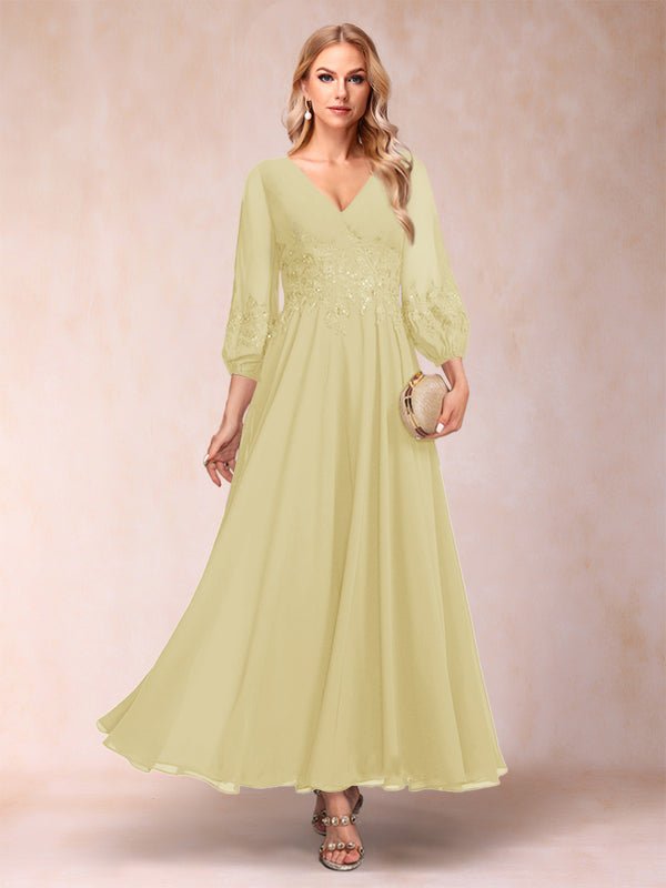A-Line/Princess Ankle-Length 3/4 Sleeves V-Neck Mother of the Bride Dresses