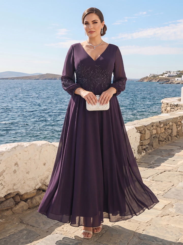 A-Line/Princess Ankle-Length 3/4 Sleeves V-Neck Plus Size Mother of the Bride Dresses