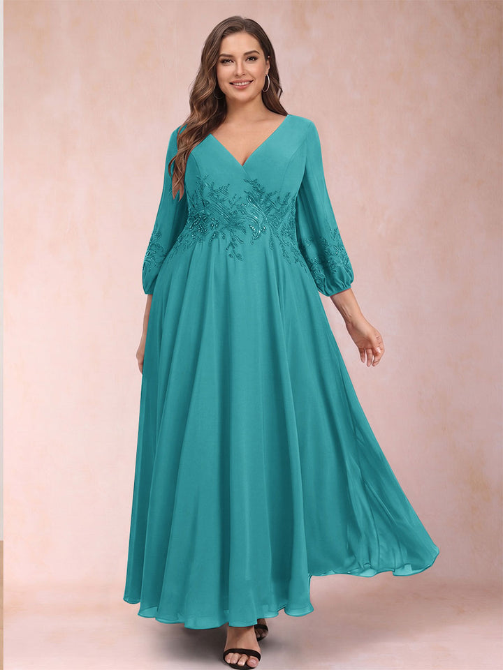 A-Line/Princess Ankle-Length 3/4 Sleeves V-Neck Plus Size Mother of the Bride Dresses