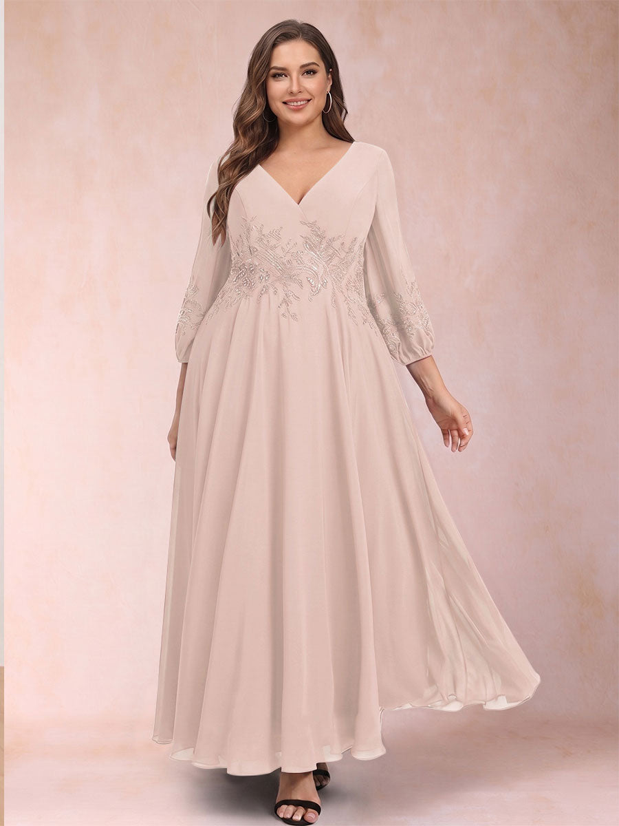 A-Line/Princess Ankle-Length 3/4 Sleeves V-Neck Plus Size Mother of the Bride Dresses