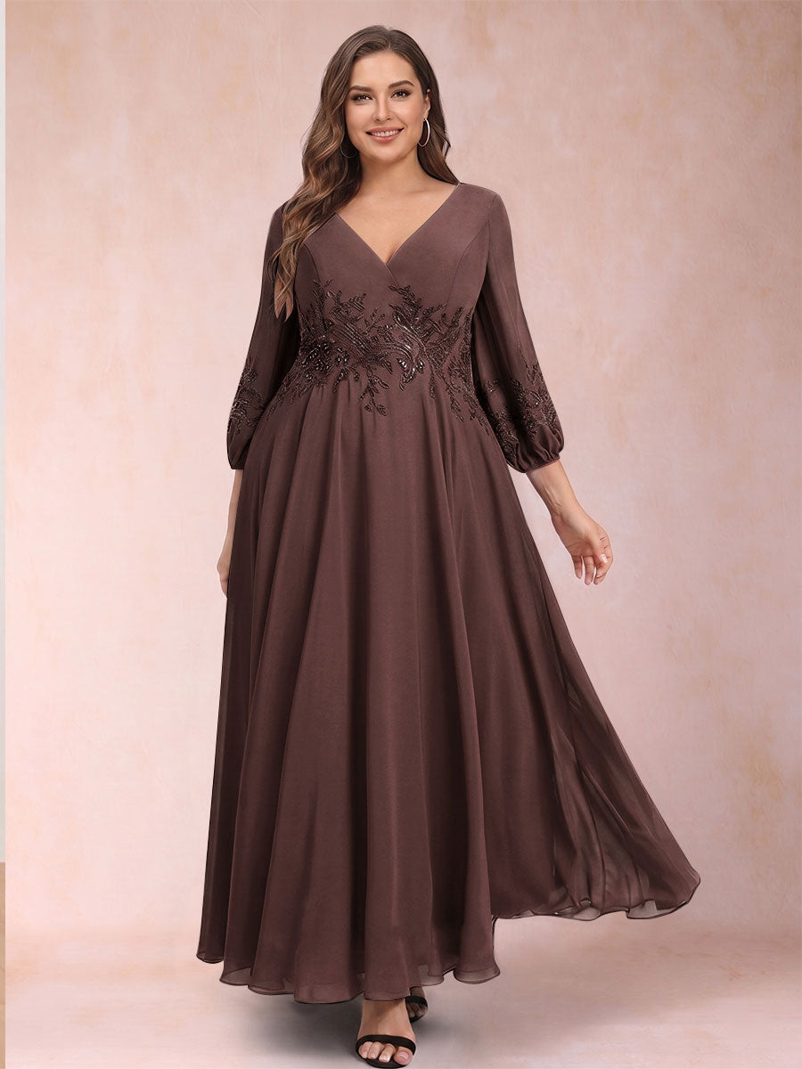 A-Line/Princess Ankle-Length 3/4 Sleeves V-Neck Plus Size Mother of the Bride Dresses