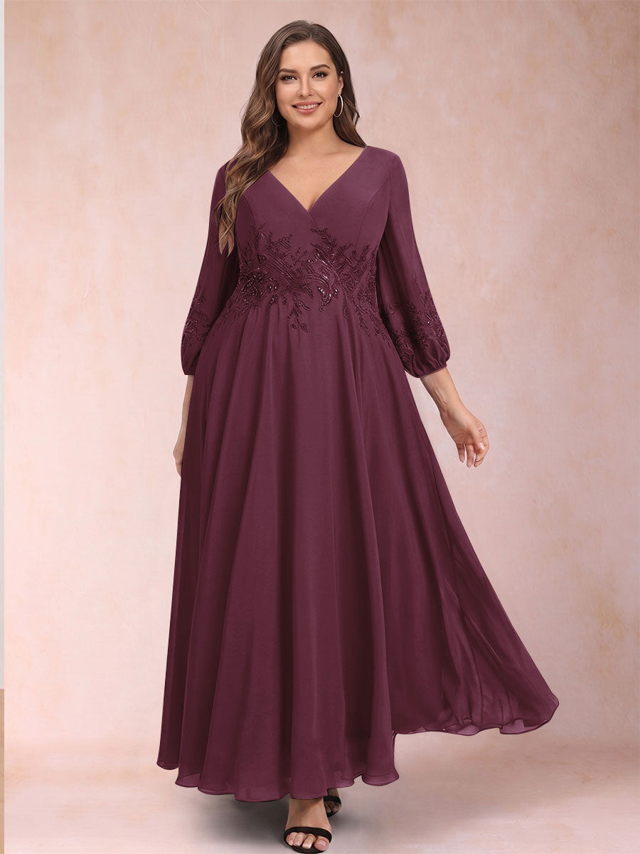 A-Line/Princess Ankle-Length 3/4 Sleeves V-Neck Plus Size Mother of the Bride Dresses