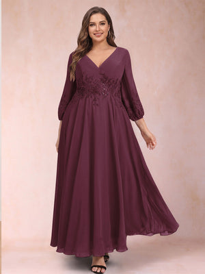A-Line/Princess Ankle-Length 3/4 Sleeves V-Neck Plus Size Mother of the Bride Dresses