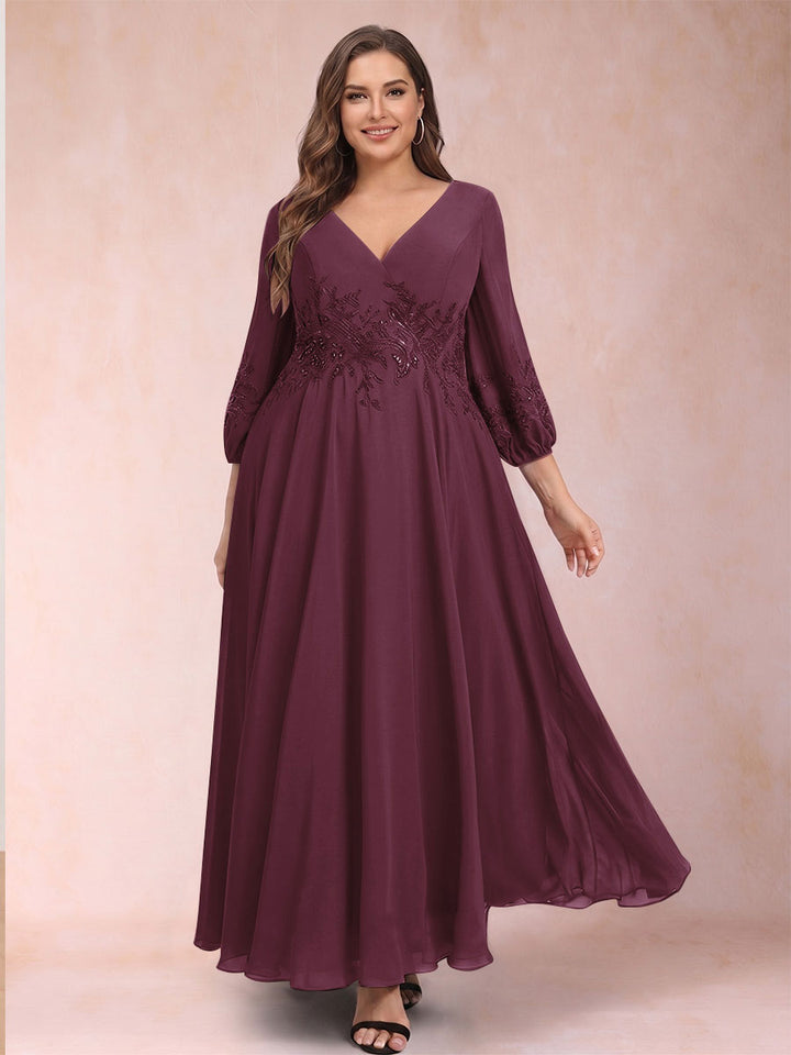A-Line/Princess Ankle-Length 3/4 Sleeves V-Neck Plus Size Mother of the Bride Dresses