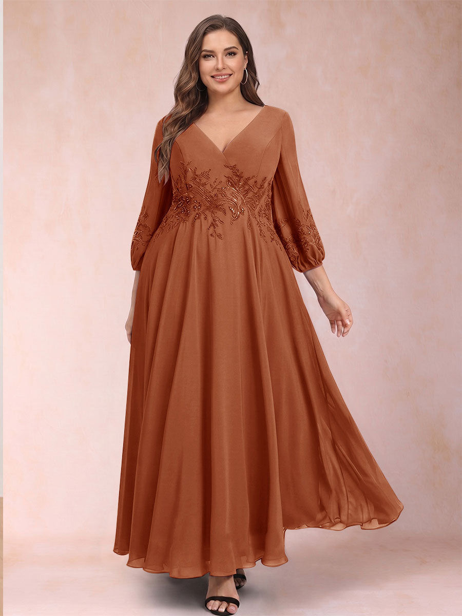 A-Line/Princess Ankle-Length 3/4 Sleeves V-Neck Plus Size Mother of the Bride Dresses