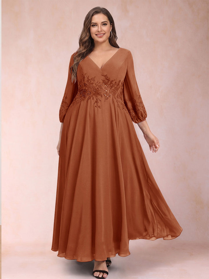 A-Line/Princess Ankle-Length 3/4 Sleeves V-Neck Plus Size Mother of the Bride Dresses