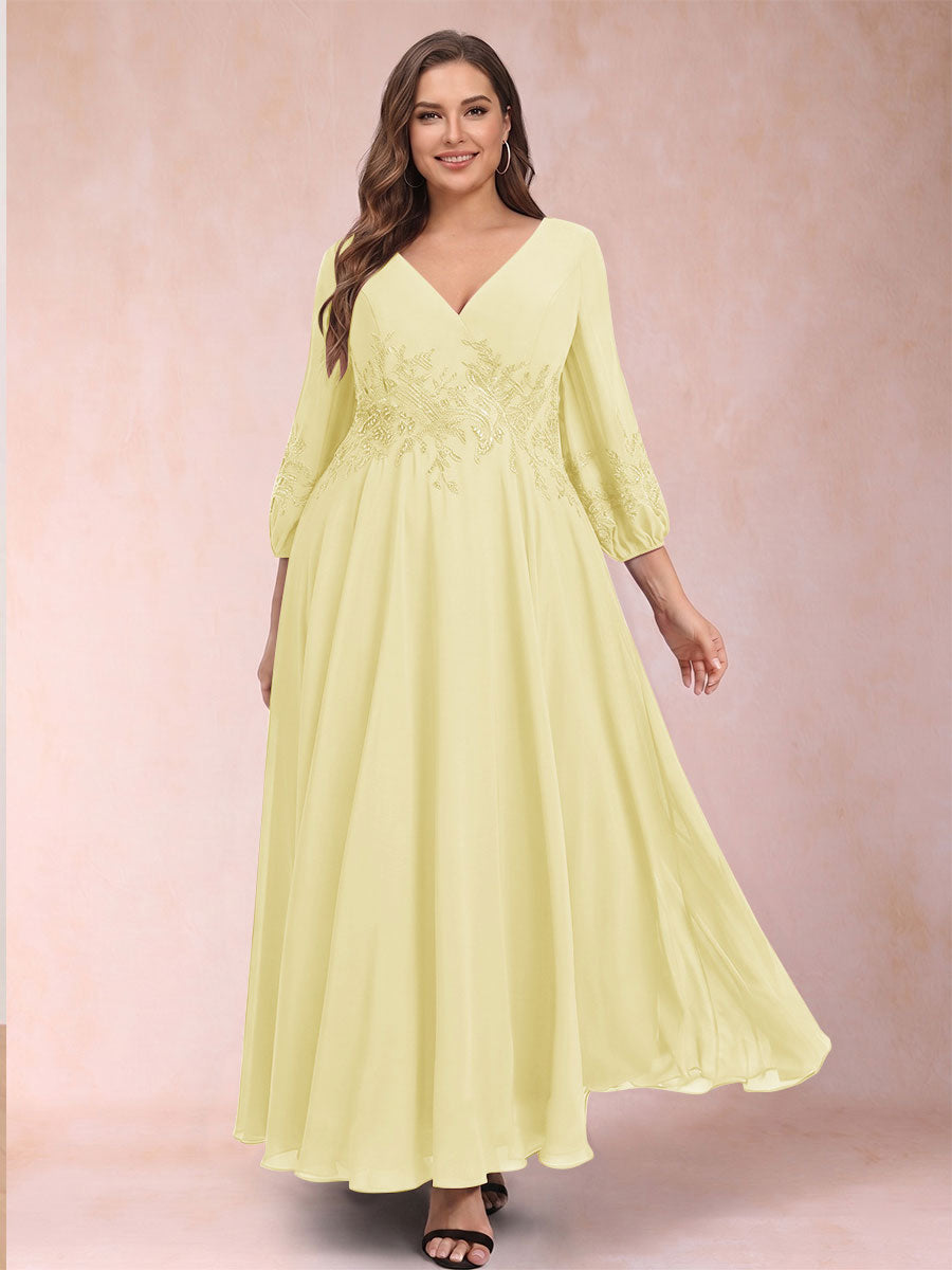 A-Line/Princess Ankle-Length 3/4 Sleeves V-Neck Plus Size Mother of the Bride Dresses