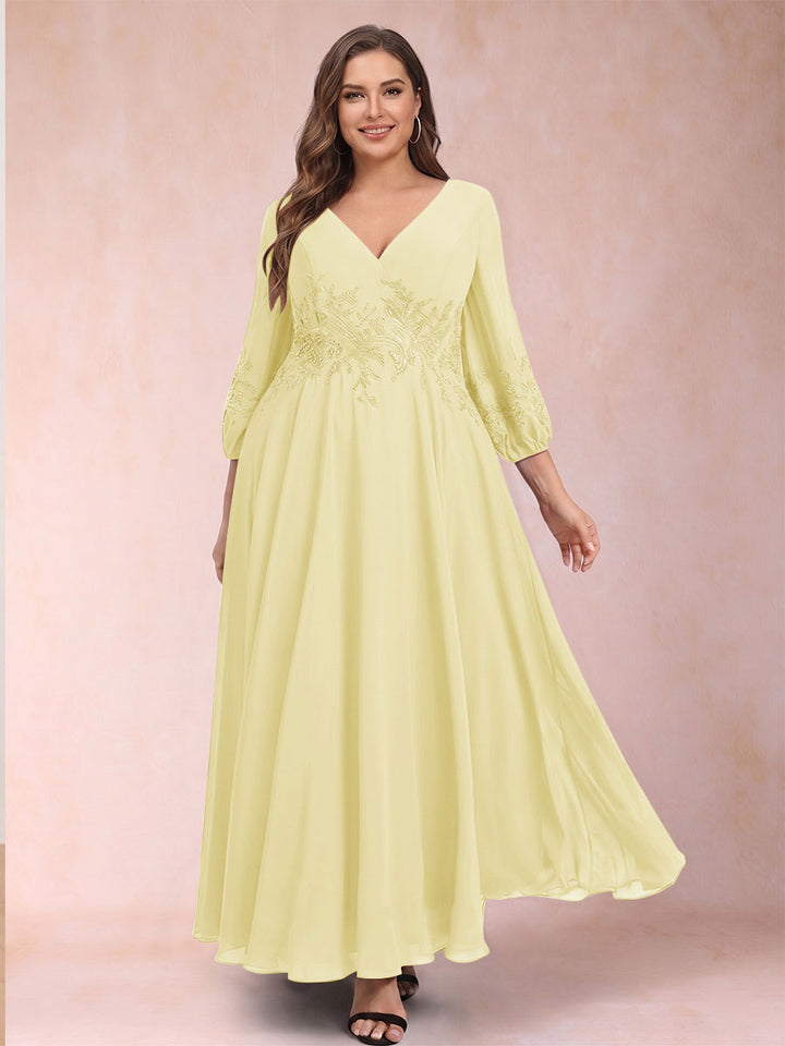 A-Line/Princess Ankle-Length 3/4 Sleeves V-Neck Plus Size Mother of the Bride Dresses