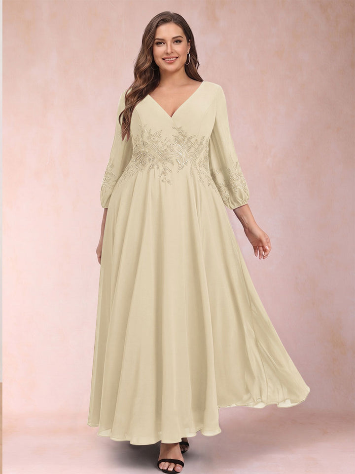 A-Line/Princess Ankle-Length 3/4 Sleeves V-Neck Plus Size Mother of the Bride Dresses