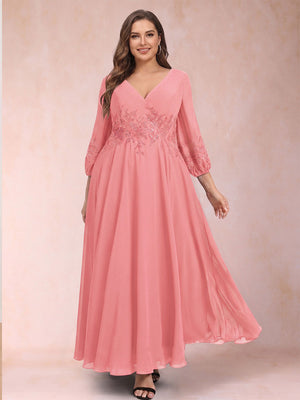 A-Line/Princess Ankle-Length 3/4 Sleeves V-Neck Plus Size Mother of the Bride Dresses