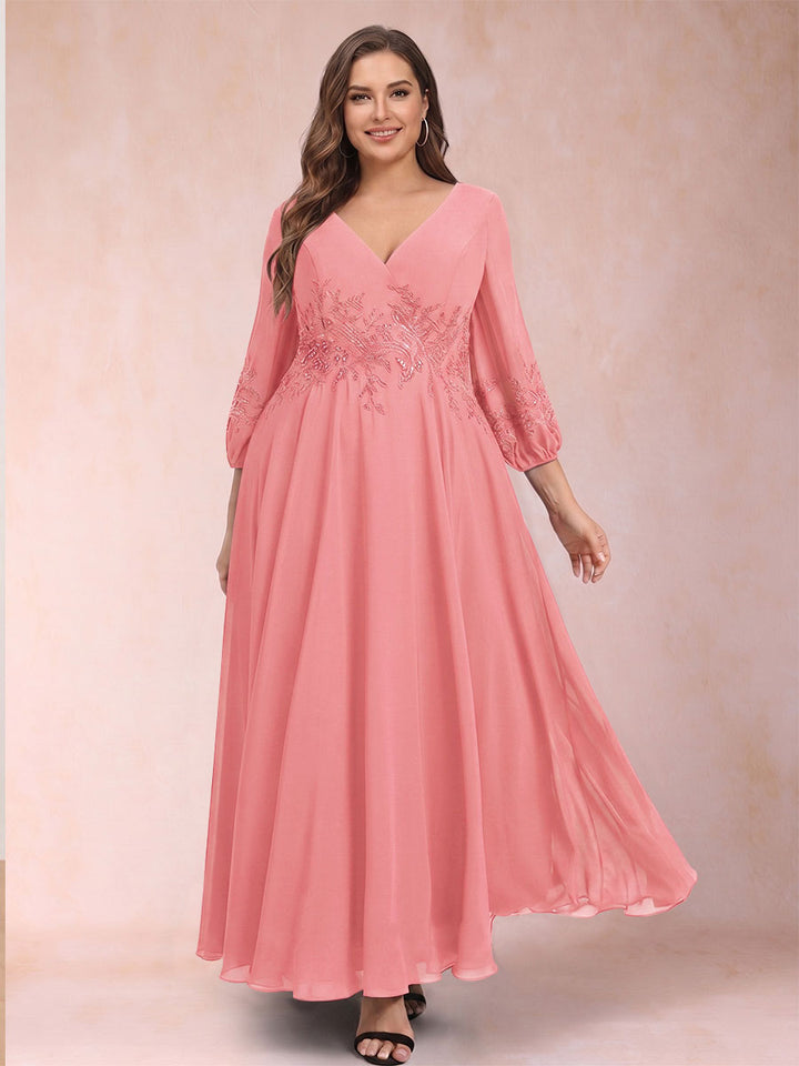 A-Line/Princess Ankle-Length 3/4 Sleeves V-Neck Plus Size Mother of the Bride Dresses