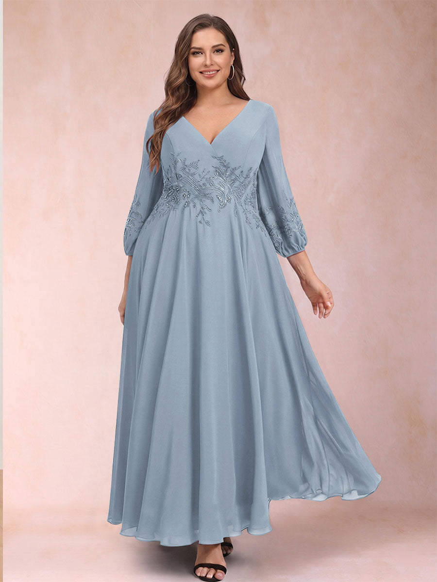 A-Line/Princess Ankle-Length 3/4 Sleeves V-Neck Plus Size Mother of the Bride Dresses