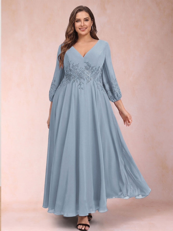 A-Line/Princess Ankle-Length 3/4 Sleeves V-Neck Plus Size Mother of the Bride Dresses