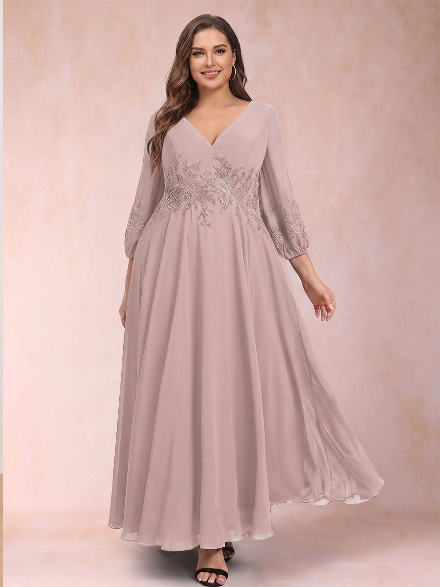 A-Line/Princess Ankle-Length 3/4 Sleeves V-Neck Plus Size Mother of the Bride Dresses