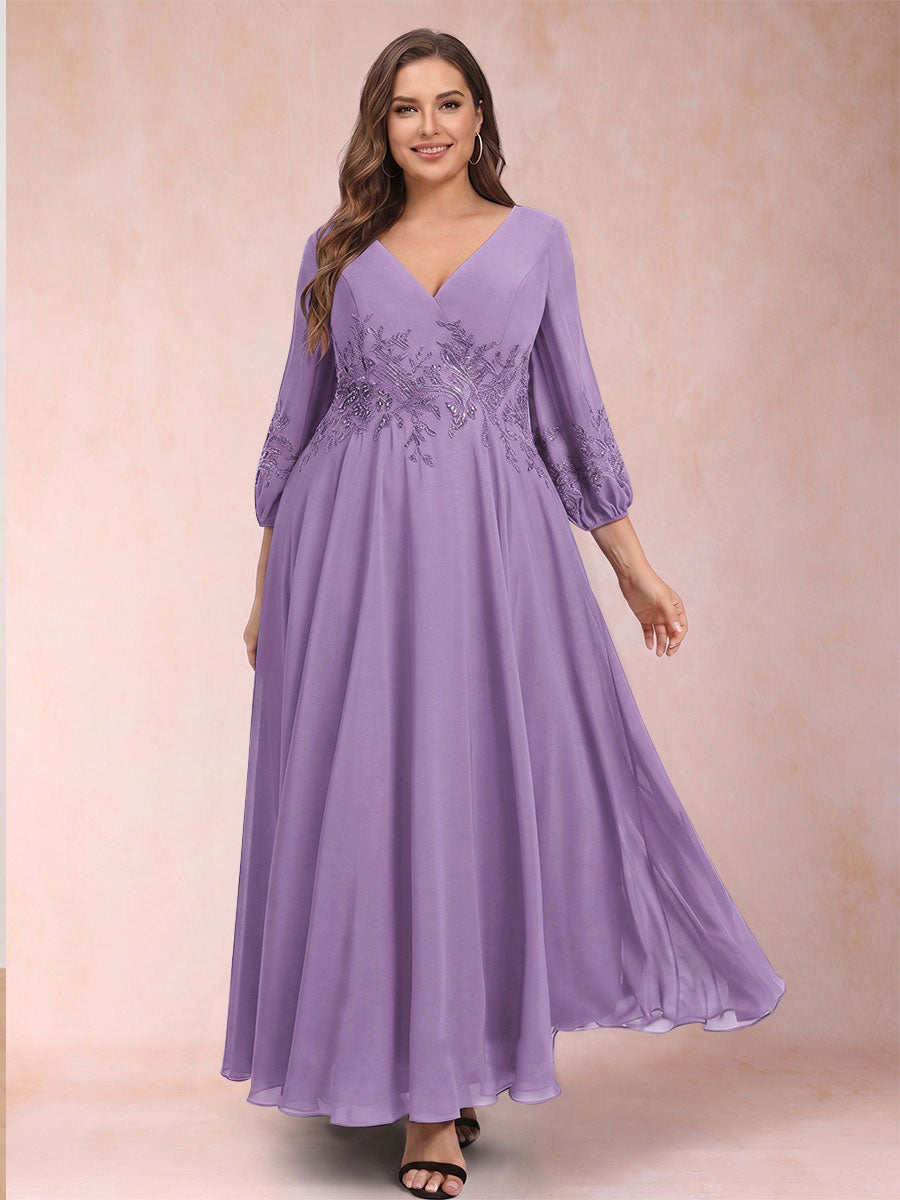A-Line/Princess Ankle-Length 3/4 Sleeves V-Neck Plus Size Mother of the Bride Dresses