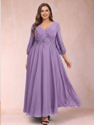 A-Line/Princess Ankle-Length 3/4 Sleeves V-Neck Plus Size Mother of the Bride Dresses