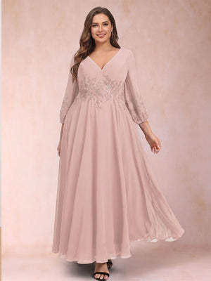 A-Line/Princess Ankle-Length 3/4 Sleeves V-Neck Plus Size Mother of the Bride Dresses