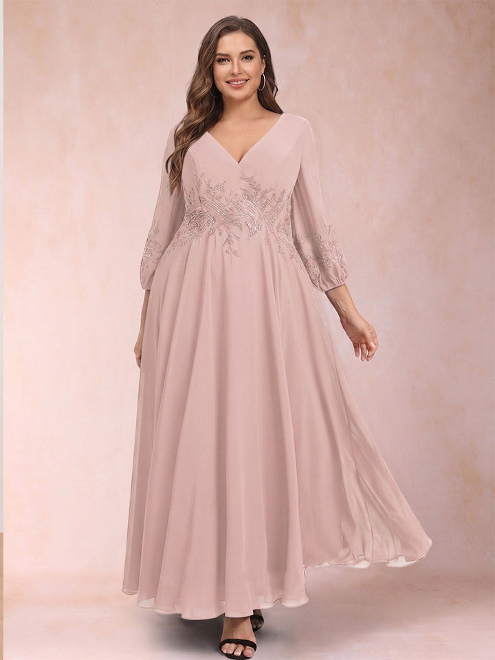 A-Line/Princess Ankle-Length 3/4 Sleeves V-Neck Plus Size Mother of the Bride Dresses