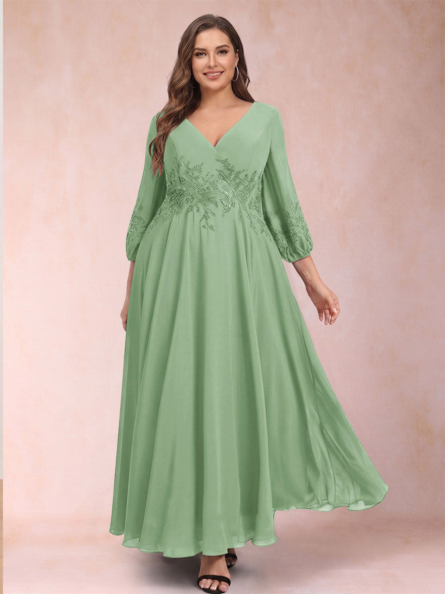 A-Line/Princess Ankle-Length 3/4 Sleeves V-Neck Plus Size Mother of the Bride Dresses