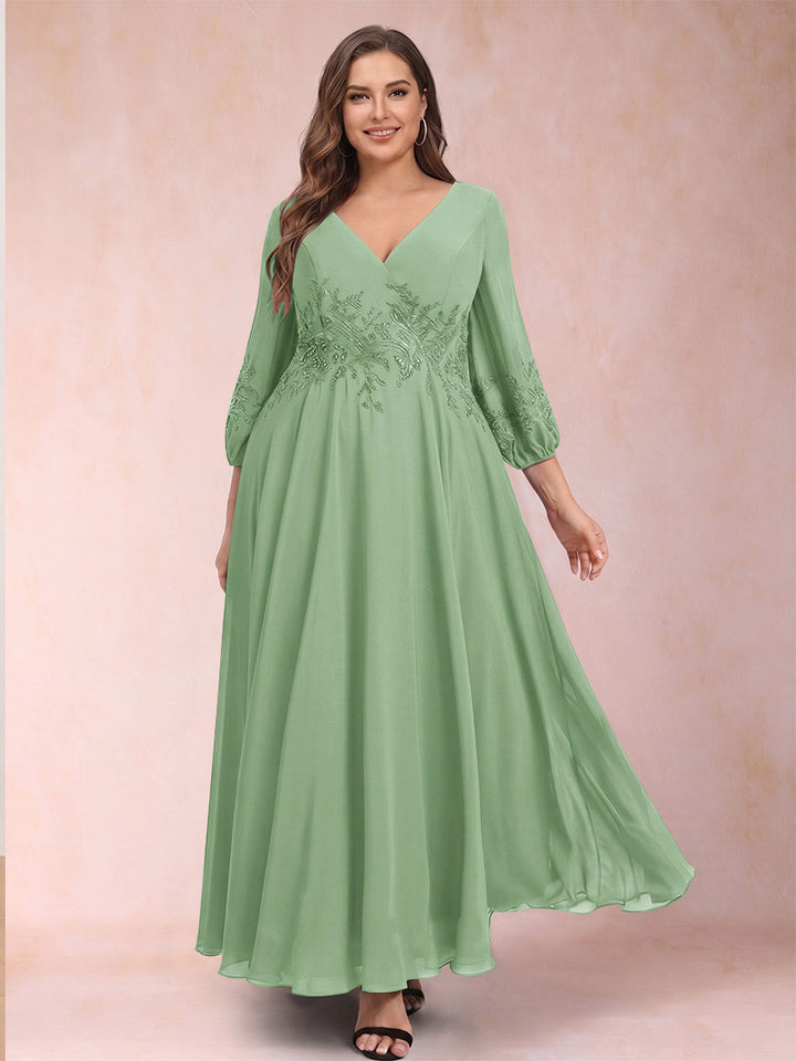A-Line/Princess Ankle-Length 3/4 Sleeves V-Neck Plus Size Mother of the Bride Dresses