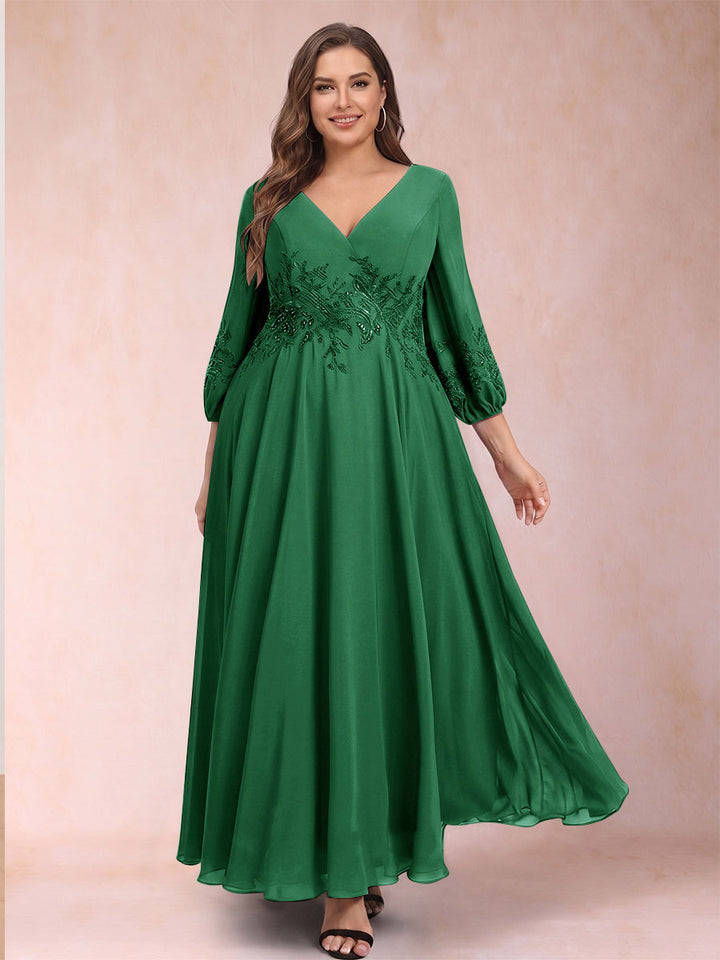 A-Line/Princess Ankle-Length 3/4 Sleeves V-Neck Plus Size Mother of the Bride Dresses