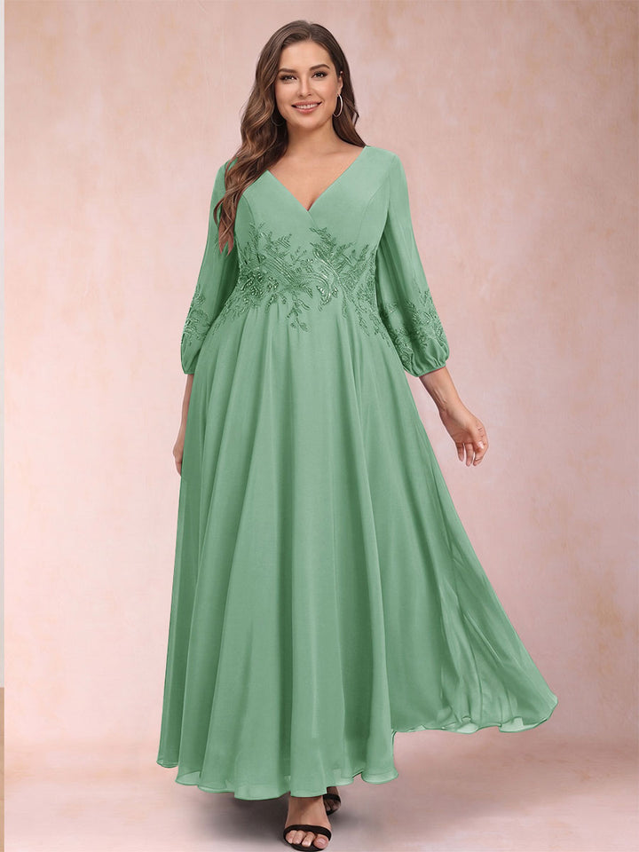 A-Line/Princess Ankle-Length 3/4 Sleeves V-Neck Plus Size Mother of the Bride Dresses