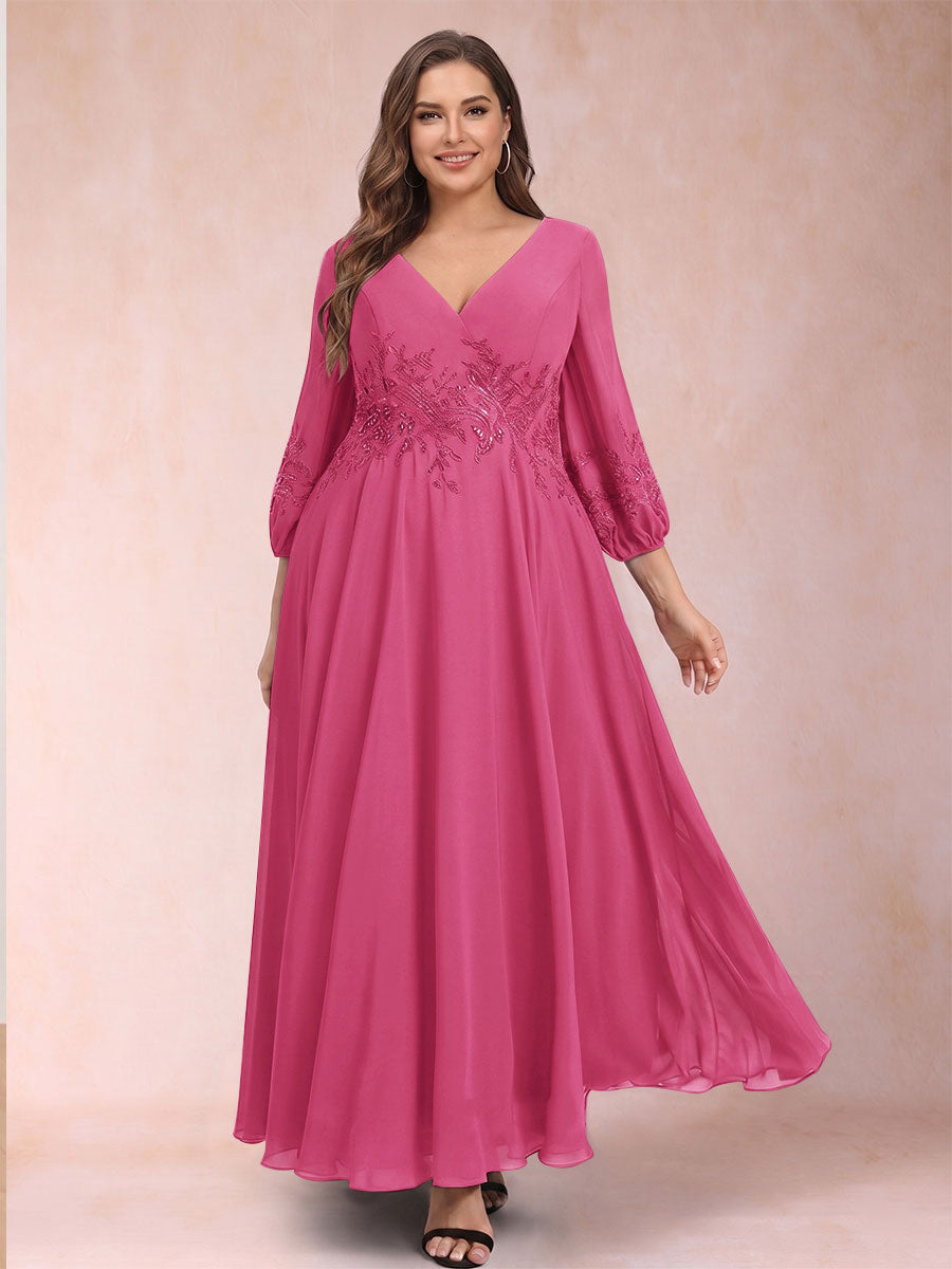 A-Line/Princess Ankle-Length 3/4 Sleeves V-Neck Plus Size Mother of the Bride Dresses