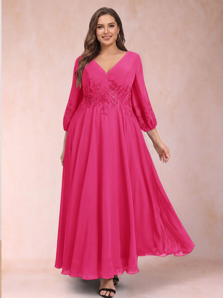 A-Line/Princess Ankle-Length 3/4 Sleeves V-Neck Plus Size Mother of the Bride Dresses