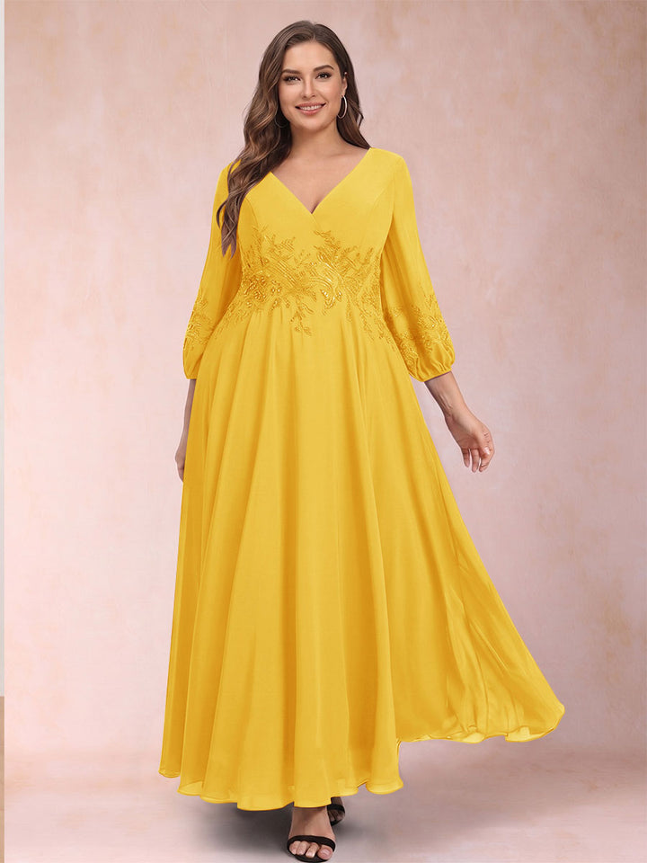 A-Line/Princess Ankle-Length 3/4 Sleeves V-Neck Plus Size Mother of the Bride Dresses