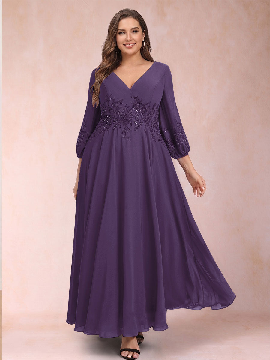 A-Line/Princess Ankle-Length 3/4 Sleeves V-Neck Plus Size Mother of the Bride Dresses