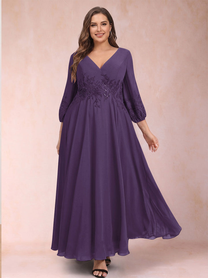 A-Line/Princess Ankle-Length 3/4 Sleeves V-Neck Plus Size Mother of the Bride Dresses
