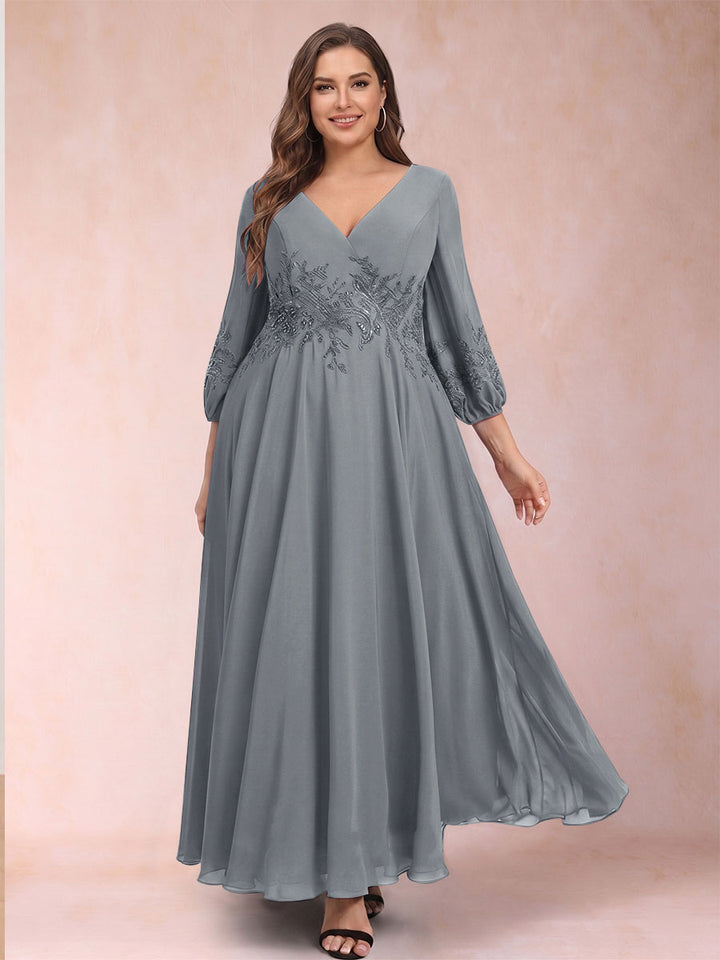 A-Line/Princess Ankle-Length 3/4 Sleeves V-Neck Plus Size Mother of the Bride Dresses