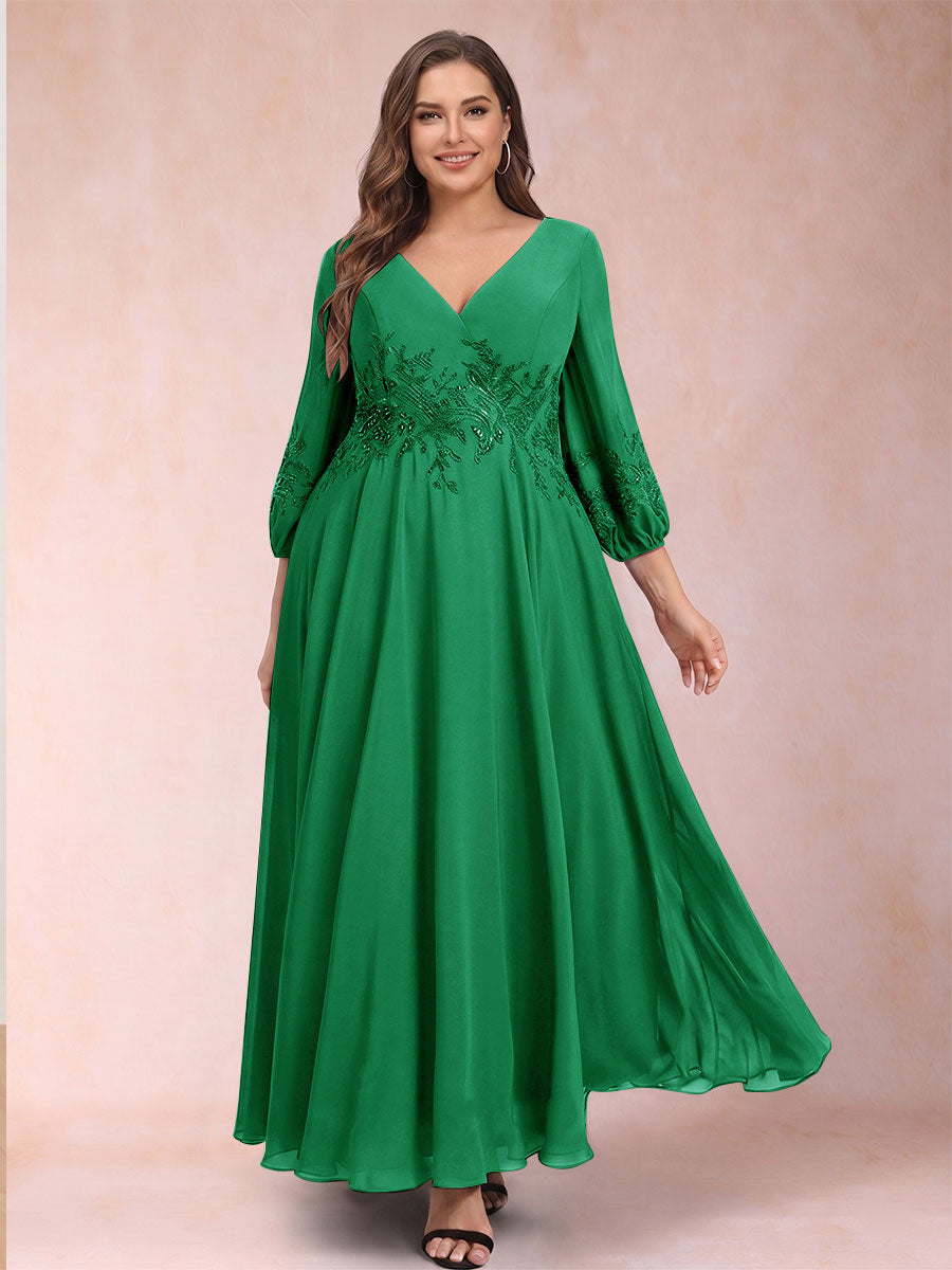 A-Line/Princess Ankle-Length 3/4 Sleeves V-Neck Plus Size Mother of the Bride Dresses