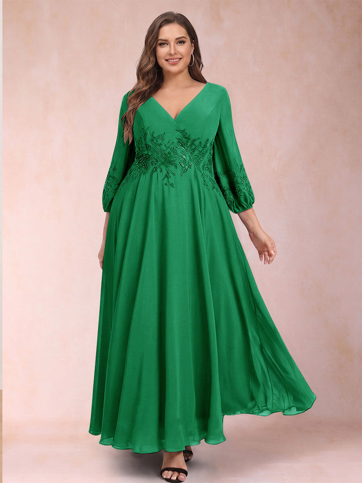 A-Line/Princess Ankle-Length 3/4 Sleeves V-Neck Plus Size Mother of the Bride Dresses