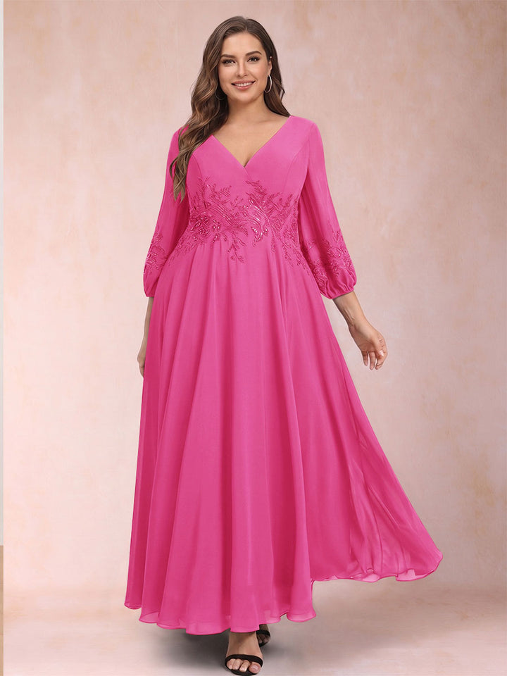 A-Line/Princess Ankle-Length 3/4 Sleeves V-Neck Plus Size Mother of the Bride Dresses
