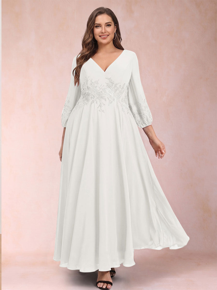 A-Line/Princess Ankle-Length 3/4 Sleeves V-Neck Plus Size Mother of the Bride Dresses