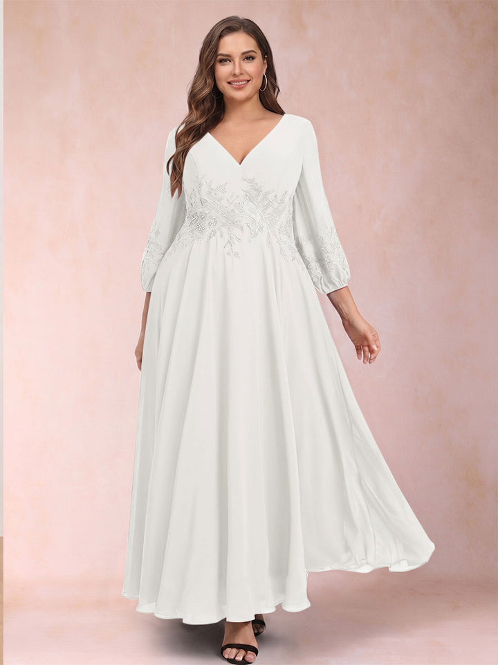 A-Line/Princess Ankle-Length 3/4 Sleeves V-Neck Plus Size Mother of the Bride Dresses